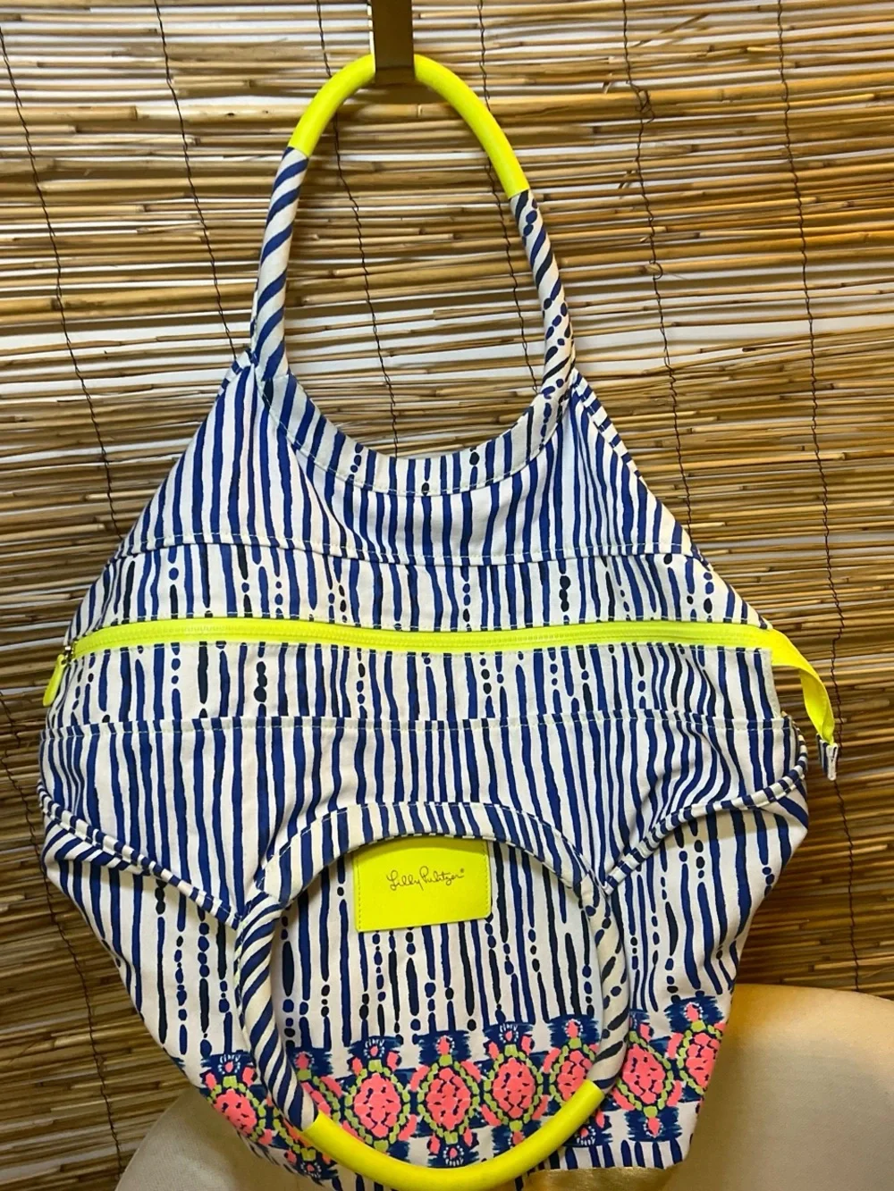 Lilly Pulitzer Navy Stripe Neon Pink turtles & Gold Hobo Tote